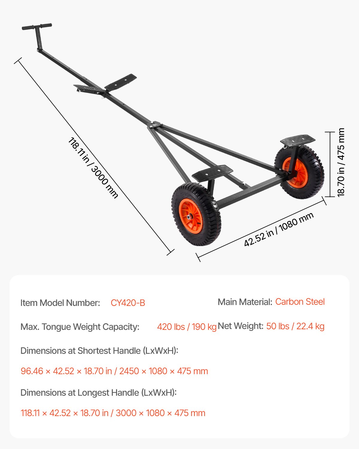 VEVOR Boat Trailer Dolly, 420lbs Load Capacity, Carbon Steel Trailer Mover with Adjustable Length, 15.7 in Pneumatic Tires and Nonslip Support Bracket, for Moving Kayak Motorboat Fishing Boat