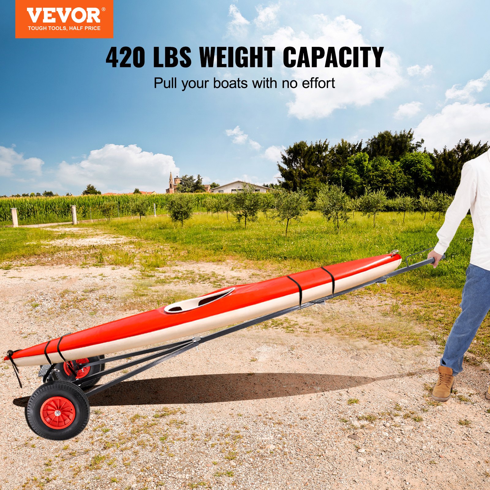 VEVOR boat trailer dolly easily pulling a red boat with a 420 lbs weight capacity on a sunny day.