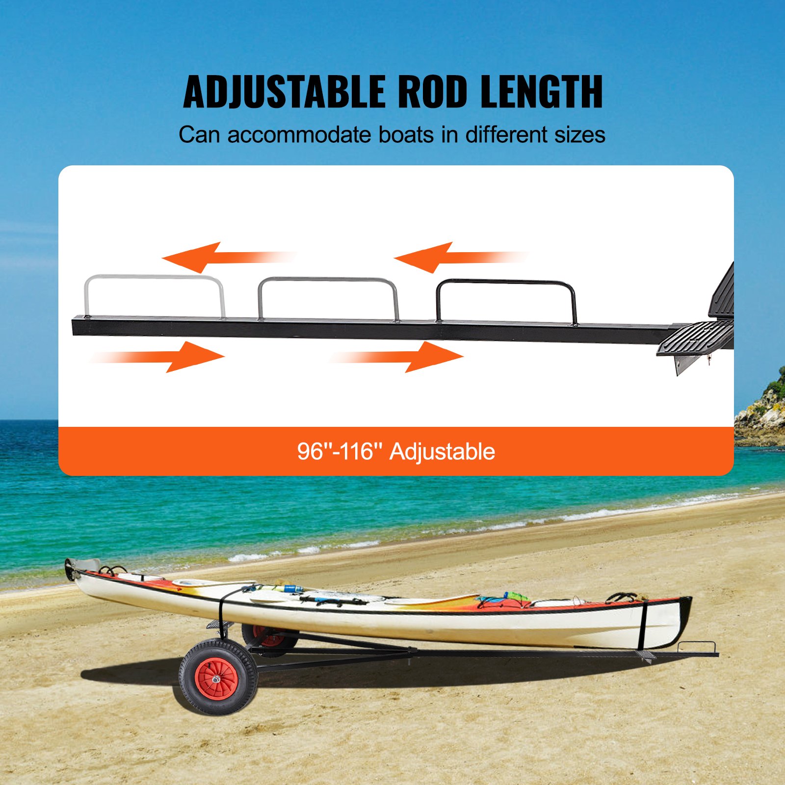 VEVOR boat trailer dolly with adjustable rod length from 96&quot; to 116&quot; for different boat sizes on a beach.