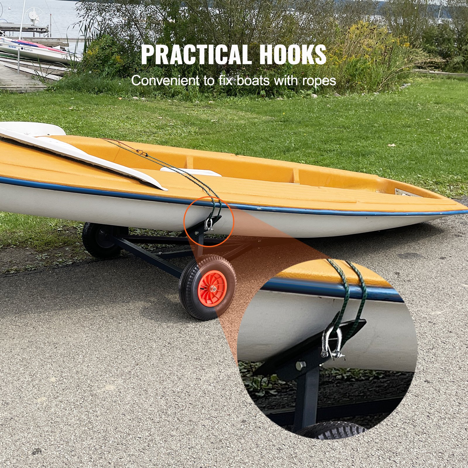 VEVOR boat trailer dolly with practical hooks for securing boats with ropes, shown near a lake.