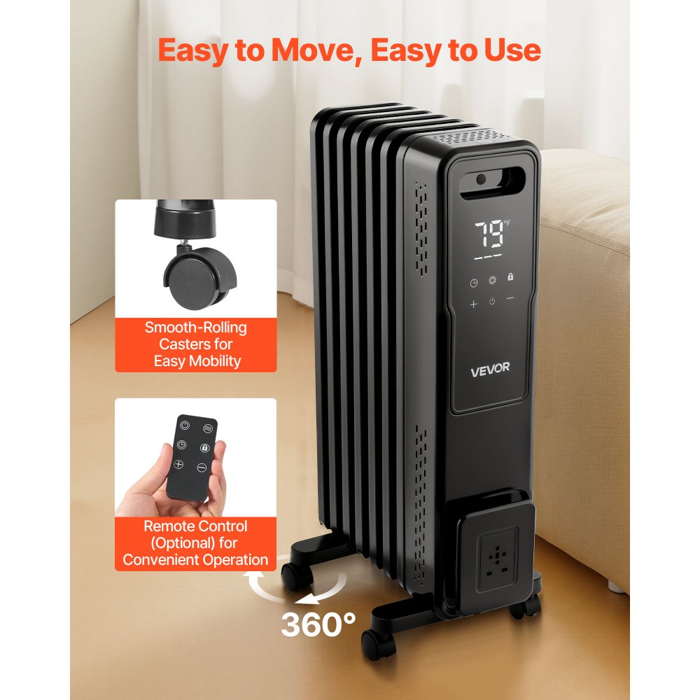 VEVOR Electric Oil Filled Radiator, 1500W Radiant Space Heater with Dual U-shaped Heating Tubes, Over-Heat Protections,3 Heat Settings,24h Timer, Flexible Casters, Remote Control for Indoor,Black
