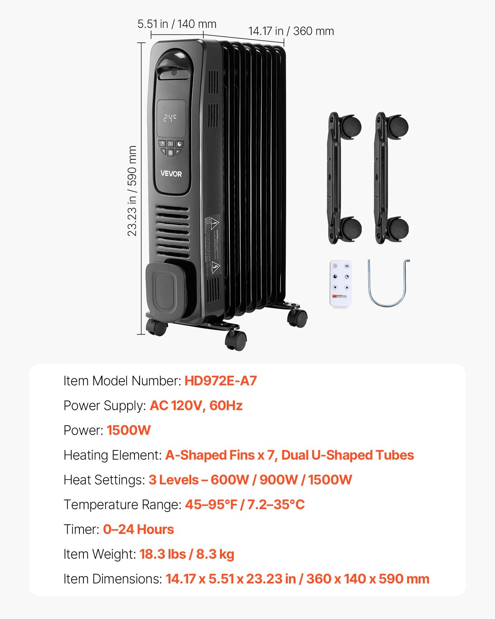 VEVOR Electric Oil Filled Radiator, 1500W Radiant Space Heater with LED Screen, Over-Heat Protections,24h Timer, Portable Handle Casters, Thermostat,Remote Control for Indoor Use,Black