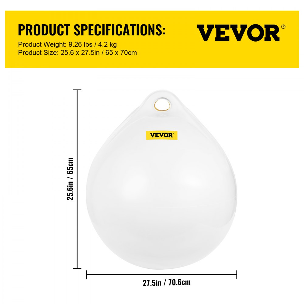VEVOR Boat Buoy Ball, 27\" Diameter Inflatable Heavy-Duty Marine-Grade Vinyl Marker Buoy, Round Boat Mooring Buoy, Anchoring, Rafting, Marking, Fishing, White
