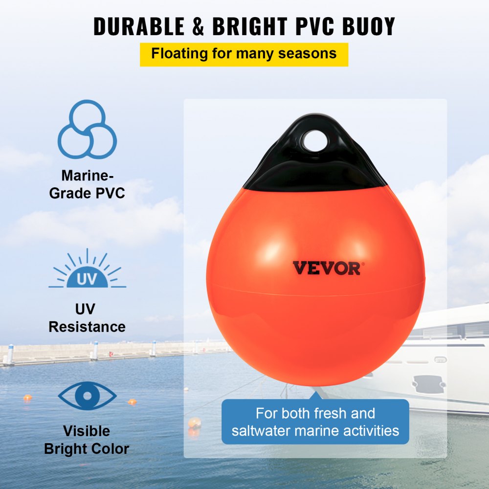 VEVOR Boat Buoy Balls, 15\" Diameter Inflatable Heavy-Duty Marine-Grade PVC Marker Buoys, Round Boat Mooring Buoys, Anchoring, Rafting, Marking, Fishing, Orange