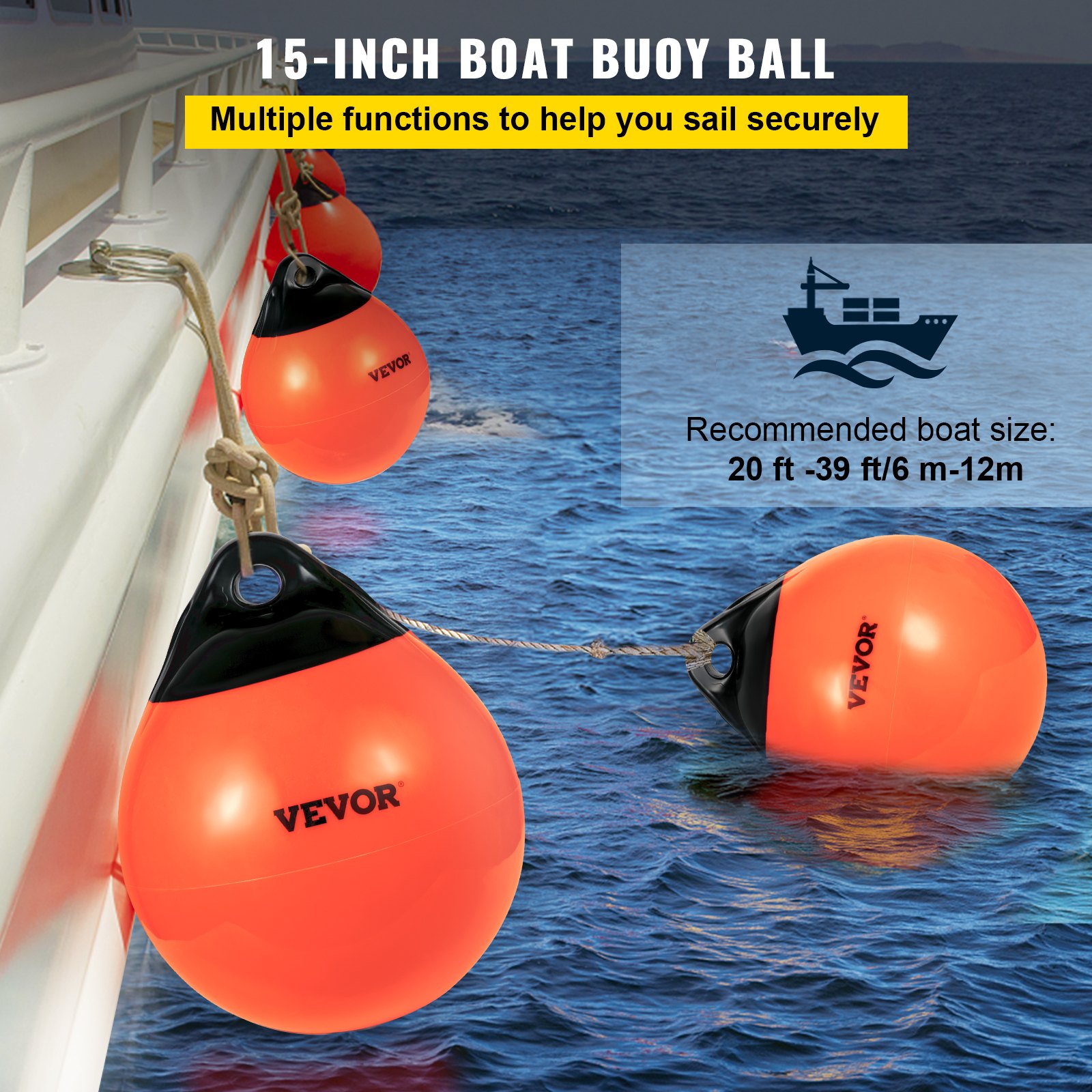 VEVOR Boat Buoy Balls, 15\" Diameter Inflatable Heavy-Duty Marine-Grade PVC Marker Buoys, Round Boat Mooring Buoys, Anchoring, Rafting, Marking, Fishing, Orange