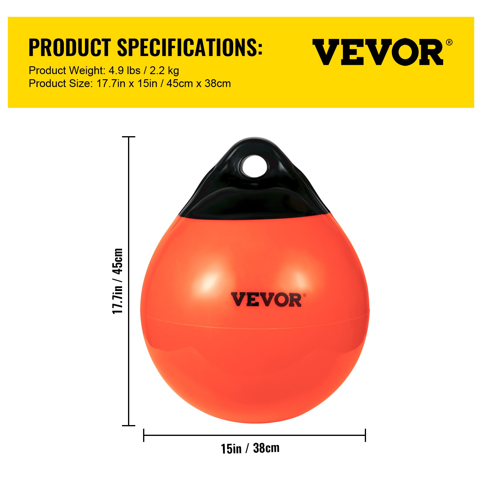 VEVOR Boat Buoy Balls, 15" Diameter Inflatable Heavy-Duty Marine-Grade PVC Marker Buoys, Round Boat Mooring Buoys, Anchoring, Rafting, Marking, Fishing, Orange