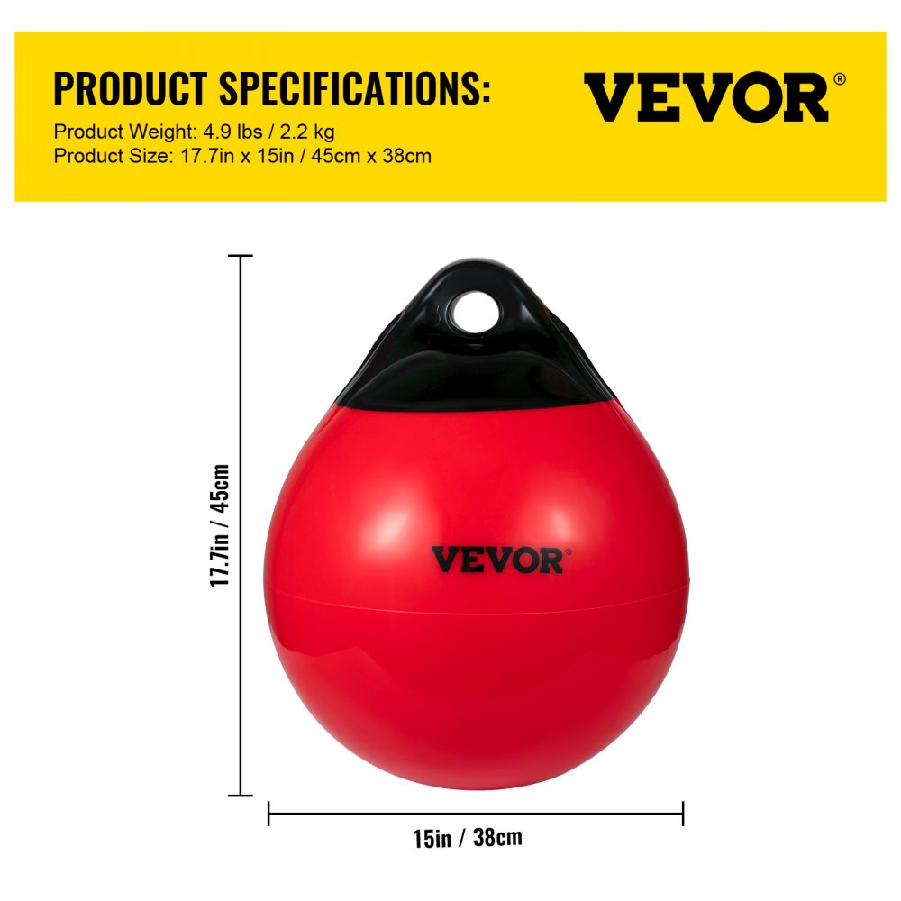 VEVOR Boat Buoy Balls, 15" Diameter Inflatable Heavy-Duty Marine-Grade PVC Marker Buoys, Round Boat Mooring Buoys, Anchoring, Rafting, Marking, Fishing, Red