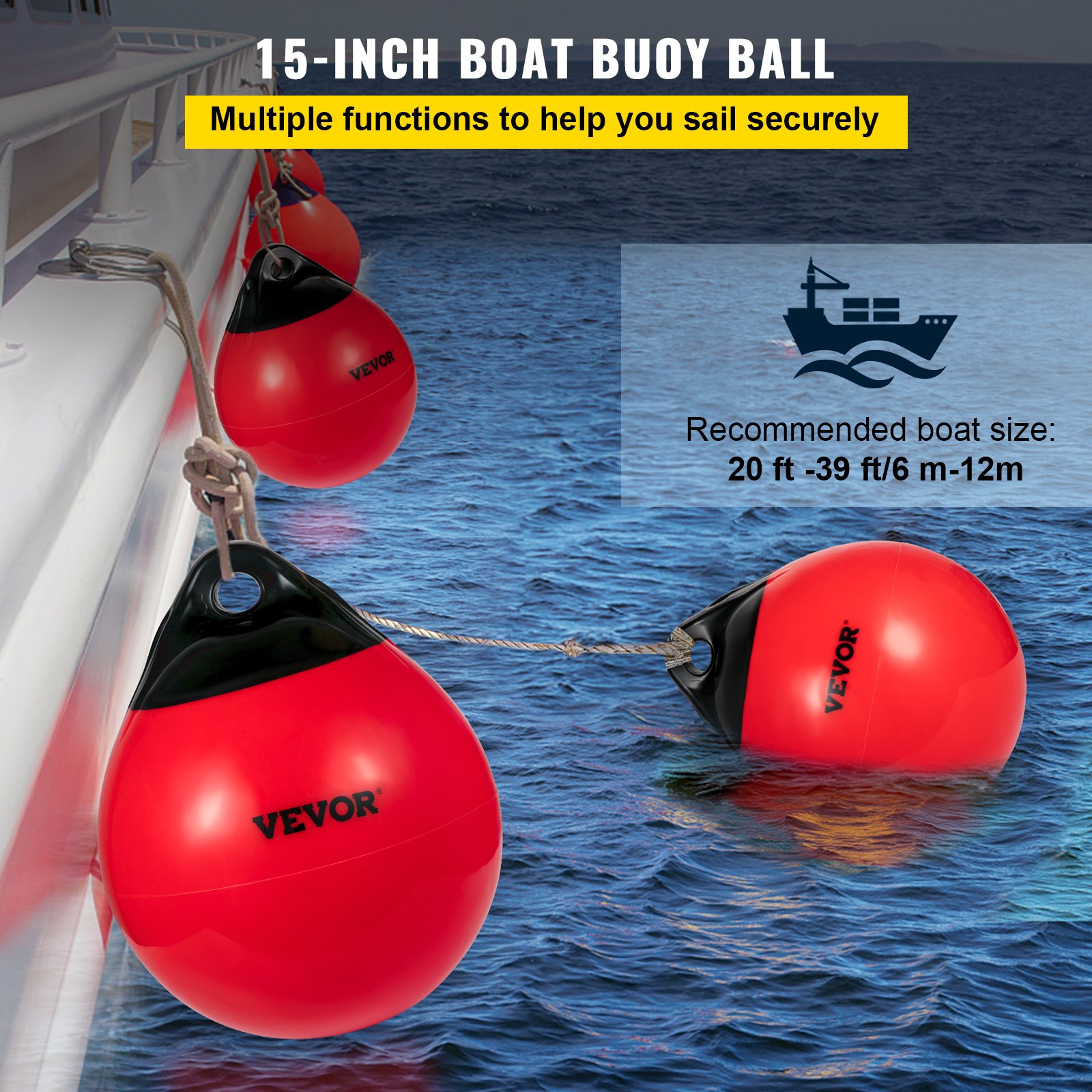 VEVOR Boat Buoy Balls, 15" Diameter Inflatable Heavy-Duty Marine-Grade PVC Marker Buoys, Round Boat Mooring Buoys, Anchoring, Rafting, Marking, Fishing, Red