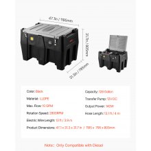 Portable Diesel Tank 128 Gal Diesel Fuel Tank with 12V Transfer Pump 10GPM Black