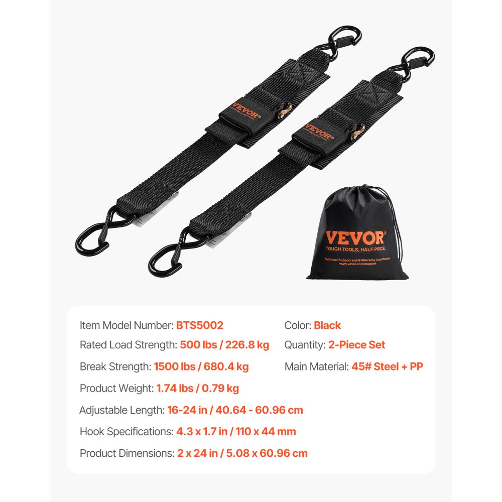 VEVOR Retractable Ratchet Straps, 5.08 cm x 60.96 cm Ratchet Tie Down Straps with Security Lock S Hooks, 2 Pack Heavy Duty Ratchet Straps with 680.4 kg Break Strength, for Trailers, Vehicles, Boat