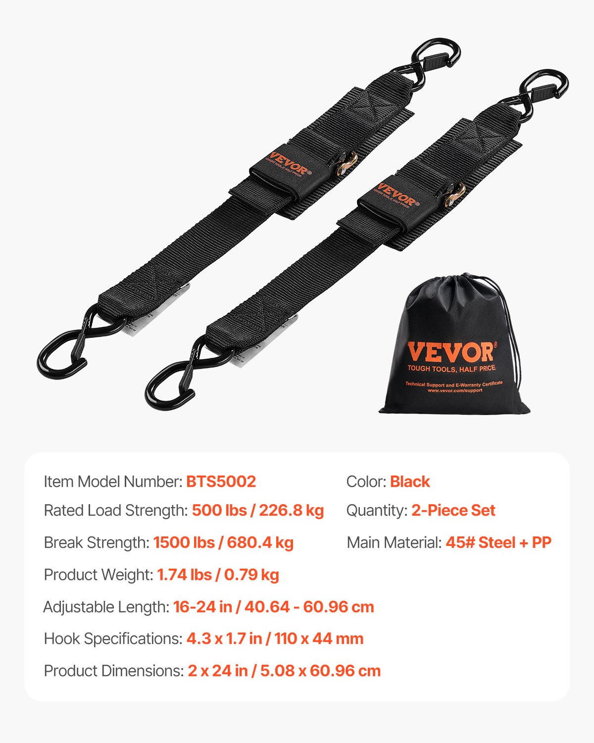 VEVOR Retractable Ratchet Straps, 5.08 cm x 60.96 cm Ratchet Tie Down Straps with Security Lock S Hooks, 2 Pack Heavy Duty Ratchet Straps with 680.4 kg Break Strength, for Trailers, Vehicles, Boat