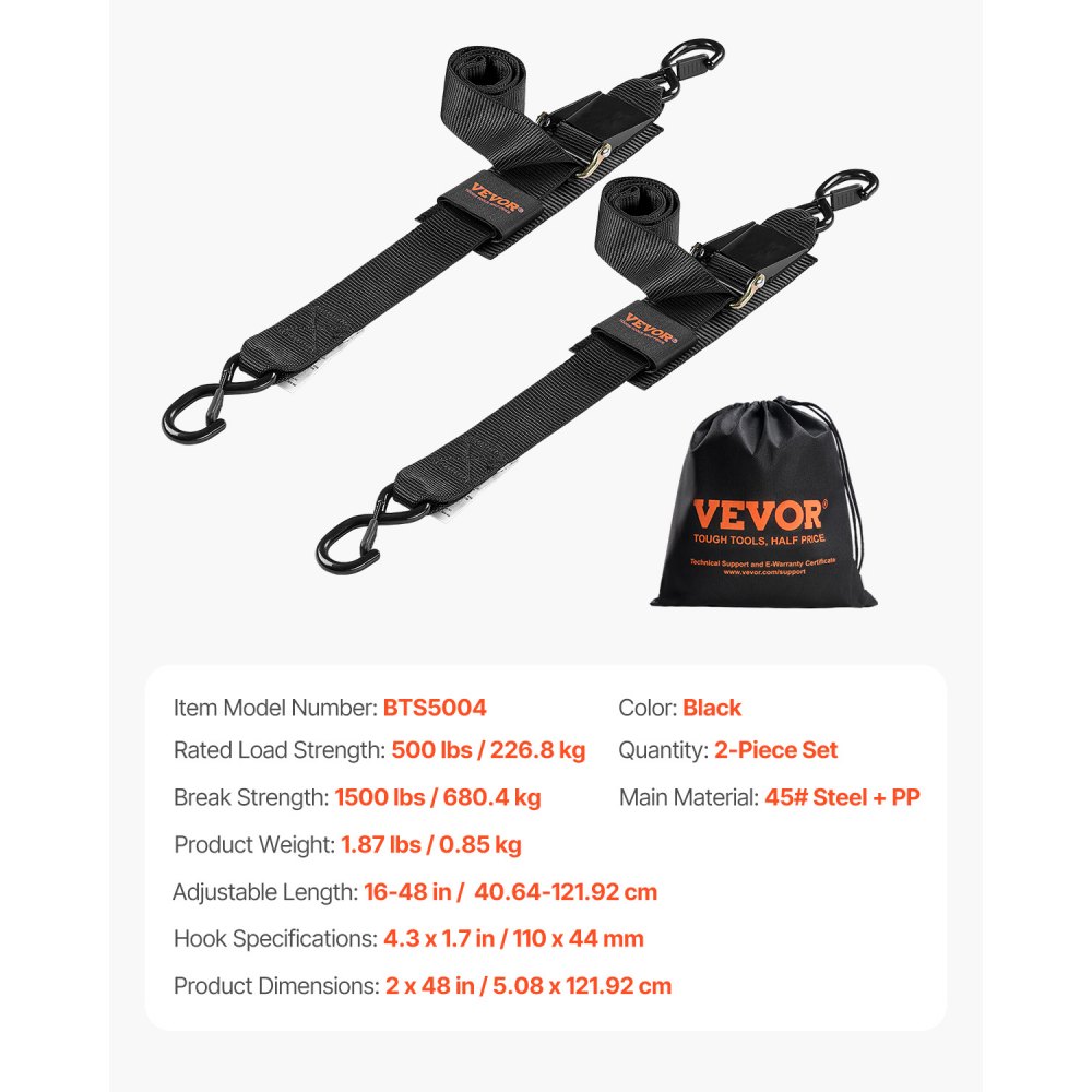 VEVOR Boat Trailer Transom Straps, 2 in x 4 ft Ratchet Tie Down Straps with Security Lock S Hooks, 2 Pack Heavy Duty Ratchet Tie Down Straps with 1500 lbs Break Strength, for Trailers, Vehicles, Boat