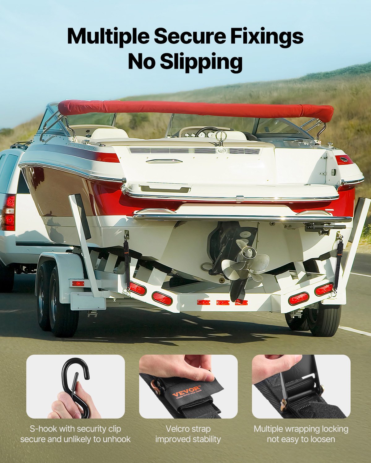 VEVOR Boat Trailer Transom Straps, 2 in x 4 ft Ratchet Tie Down Straps with Security Lock S Hooks, 2 Pack Heavy Duty Ratchet Tie Down Straps with 1500 lbs Break Strength, for Trailers, Vehicles, Boat