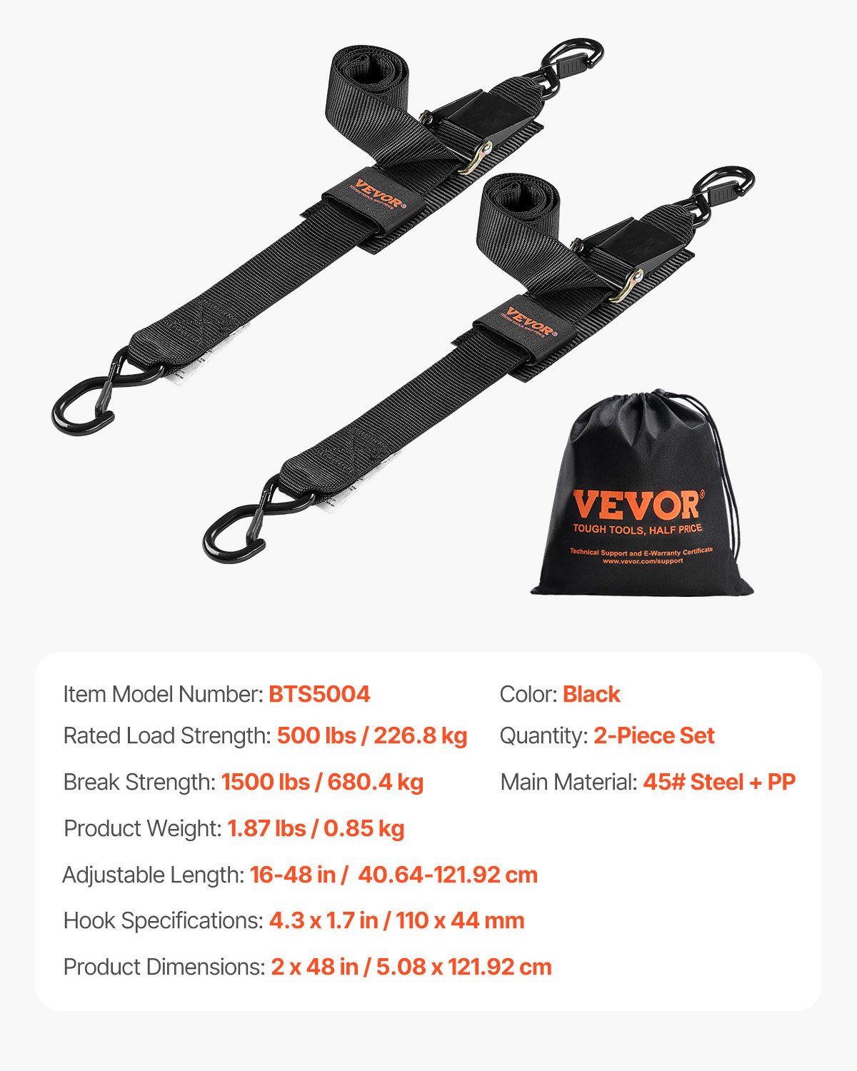 VEVOR Boat Trailer Transom Straps, 2 in x 4 ft Ratchet Tie Down Straps with Security Lock S Hooks, 2 Pack Heavy Duty Ratchet Tie Down Straps with 1500 lbs Break Strength, for Trailers, Vehicles, Boat