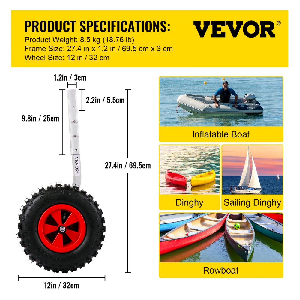 VEVOR Boat Launching Wheels, 12" Boat Transom Launching Wheel, 500 LBS Loading Capacity Inflatable Boat Launch Wheels, Aluminium Alloy Transom Launching Dolly Wheels with 4 PCS of Quick Release Pins