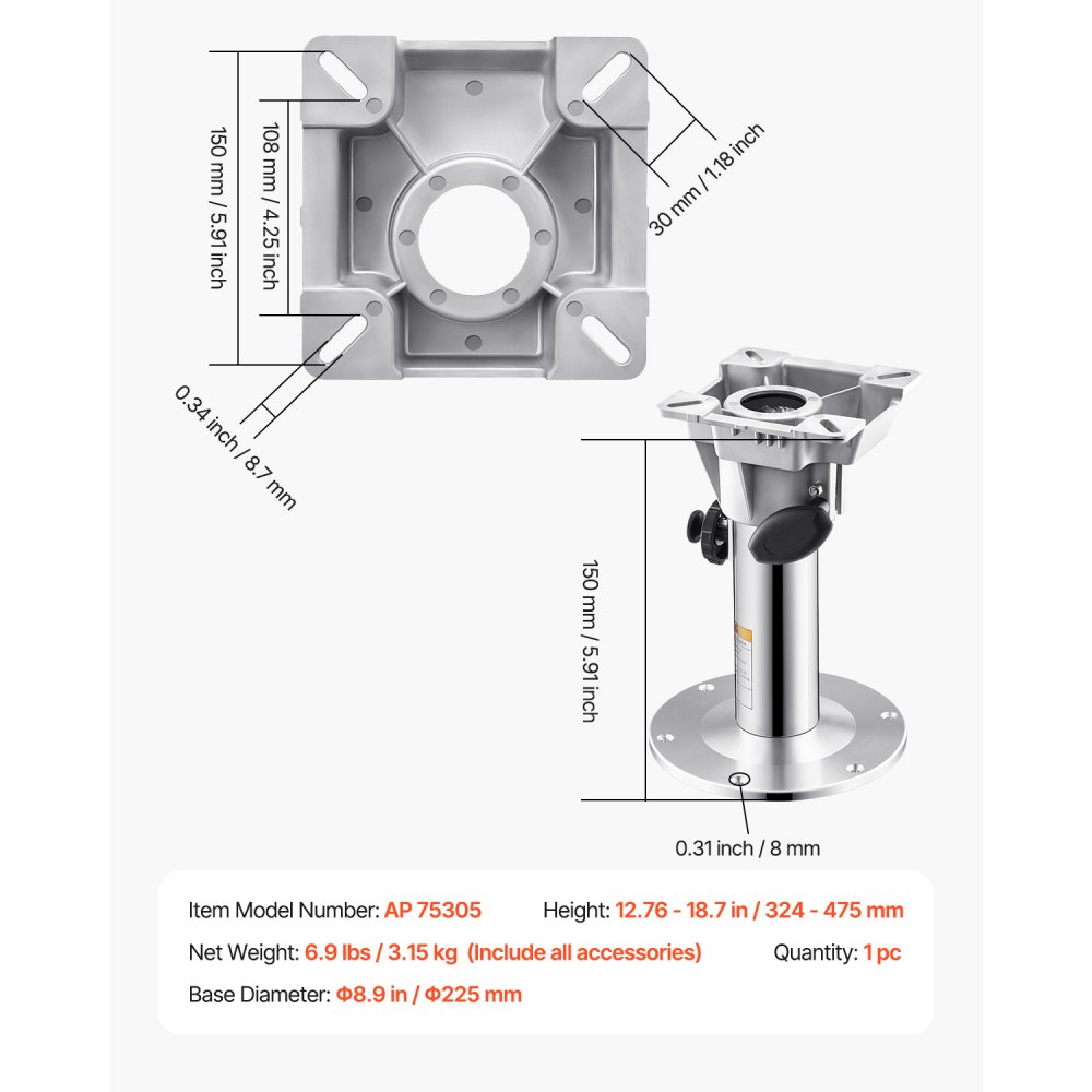 VEVOR Boat Seat Pedestal, Adjustable Height from 12.76 to 18.7 Inches, Aluminum Alloy Boat Chair Base with Locking Design, Waterproof & Rust-resistant, Ideal for Fishing and Boating Enthusiasts