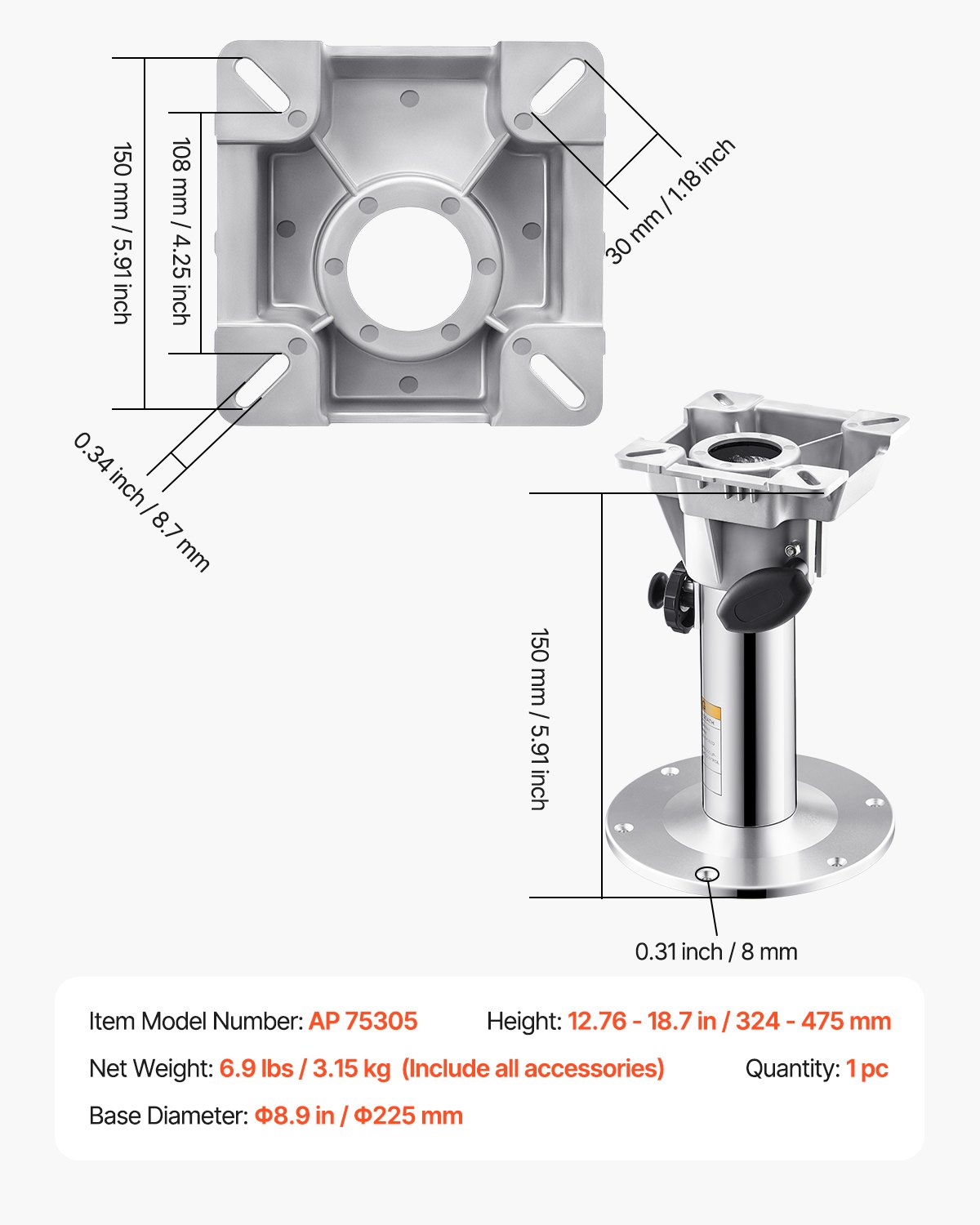 VEVOR Boat Seat Pedestal, Adjustable Height from 12.76 to 18.7 Inches, Aluminum Alloy Boat Chair Base with Locking Design, Waterproof & Rust-resistant, Ideal for Fishing and Boating Enthusiasts