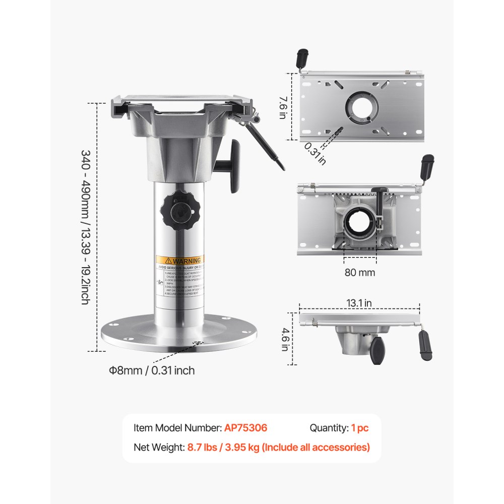 VEVOR Boat Seat Pedestal, Adjustable Height from 13.39 to 19.2 Inches, Aluminum Alloy Boat Chair Base with Slide, 5-inch Sliding Travel, Locking Design, Ideal for Fishing and Boating Enthusiasts