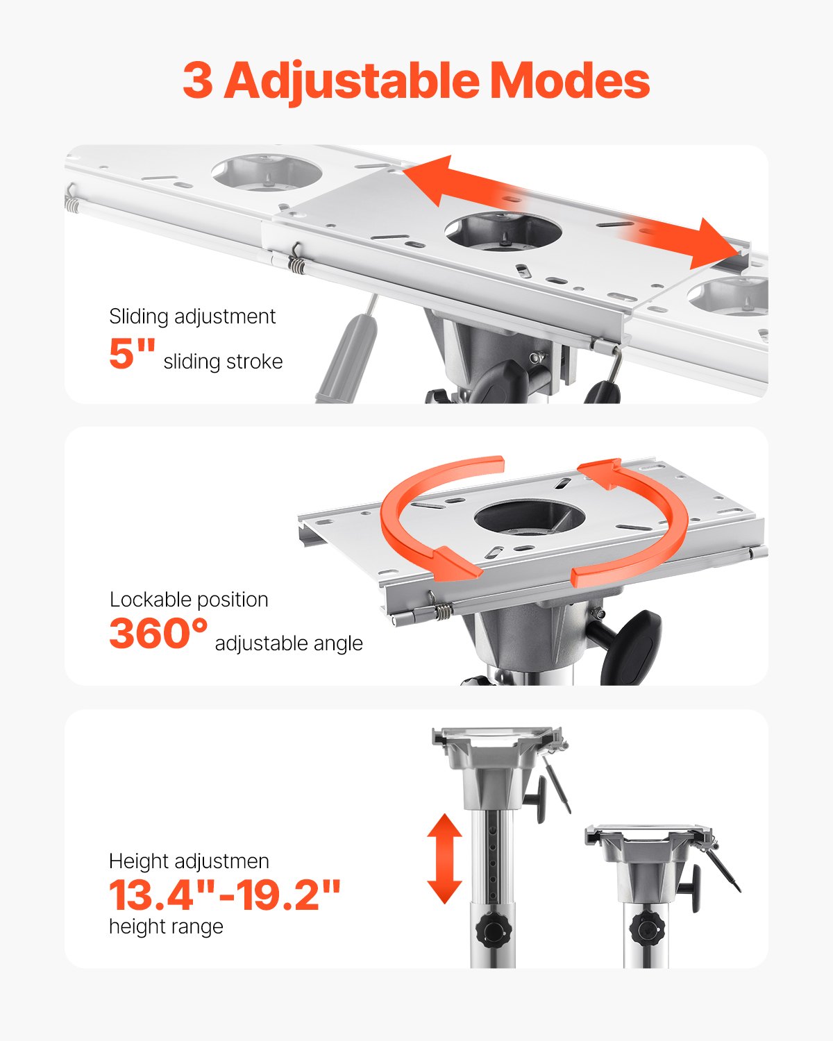 VEVOR Boat Seat Pedestal, Adjustable Height from 13.39 to 19.2 Inches, Aluminum Alloy Boat Chair Base with Slide, 5-inch Sliding Travel, Locking Design, Ideal for Fishing and Boating Enthusiasts