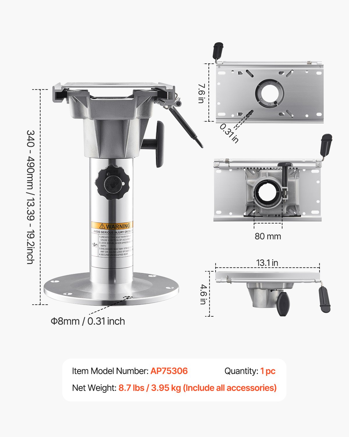 VEVOR Boat Seat Pedestal, Adjustable Height from 13.39 to 19.2 Inches, Aluminum Alloy Boat Chair Base with Slide, 5-inch Sliding Travel, Locking Design, Ideal for Fishing and Boating Enthusiasts