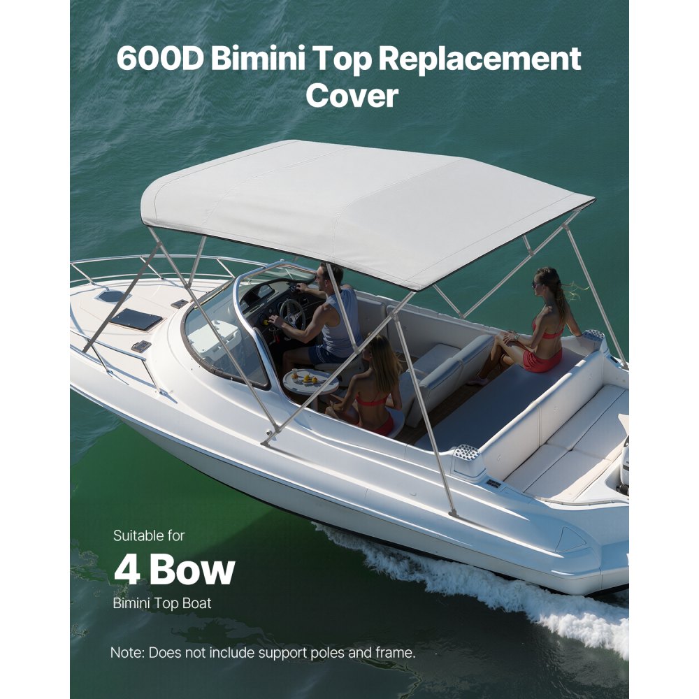 VEVOR 4 Bow Bimini Top Replacement Cover, 2440 mm Long, Durable 600D Marine Grade Waterproof Sun Shade Boat Canopy with Storage Boot, Easy Install Zipper Sleeve Awning, 2311-2440 mm W, Gray (No Frame)