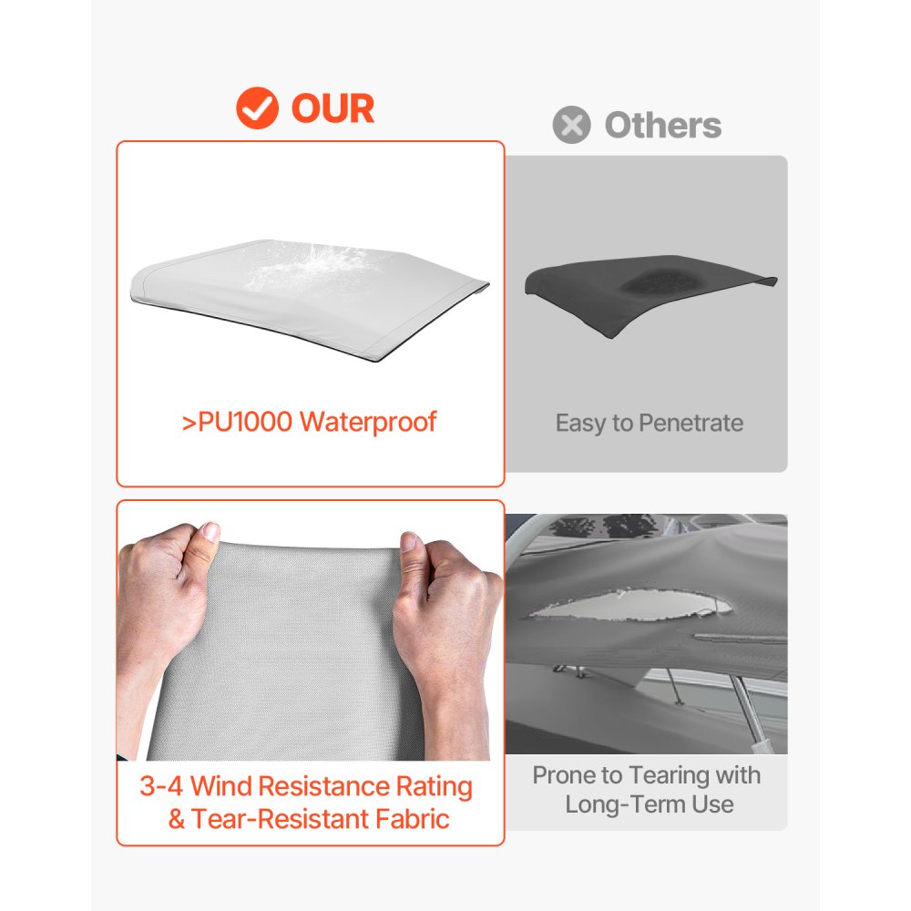 VEVOR 4 Bow Bimini Top Replacement Cover, 2440 mm Long, Durable 600D Marine Grade Waterproof Sun Shade Boat Canopy with Storage Boot, Easy Install Zipper Sleeve Awning, 2311-2440 mm W, Gray (No Frame)