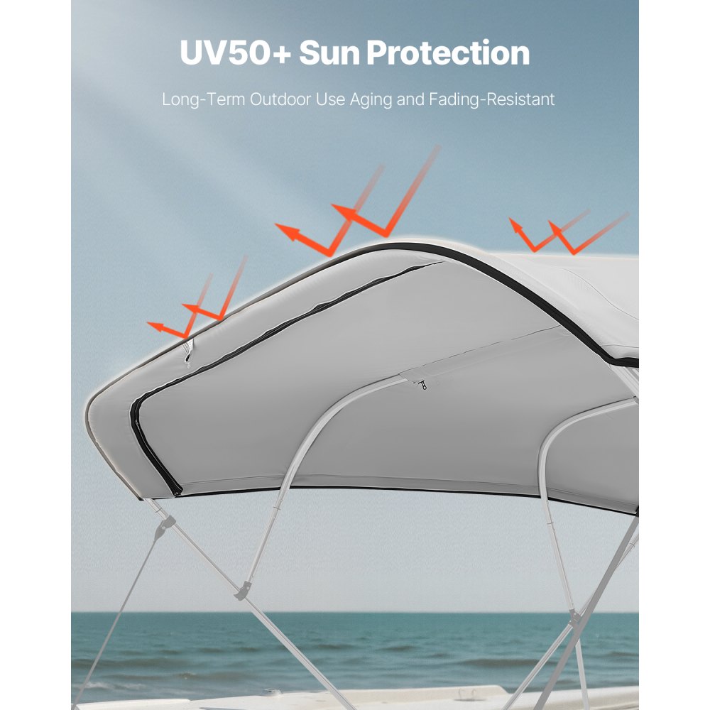 VEVOR 4 Bow Bimini Top Replacement Cover, 2440 mm Long, Durable 600D Marine Grade Waterproof Sun Shade Boat Canopy with Storage Boot, Easy Install Zipper Sleeve Awning, 2311-2440 mm W, Gray (No Frame)