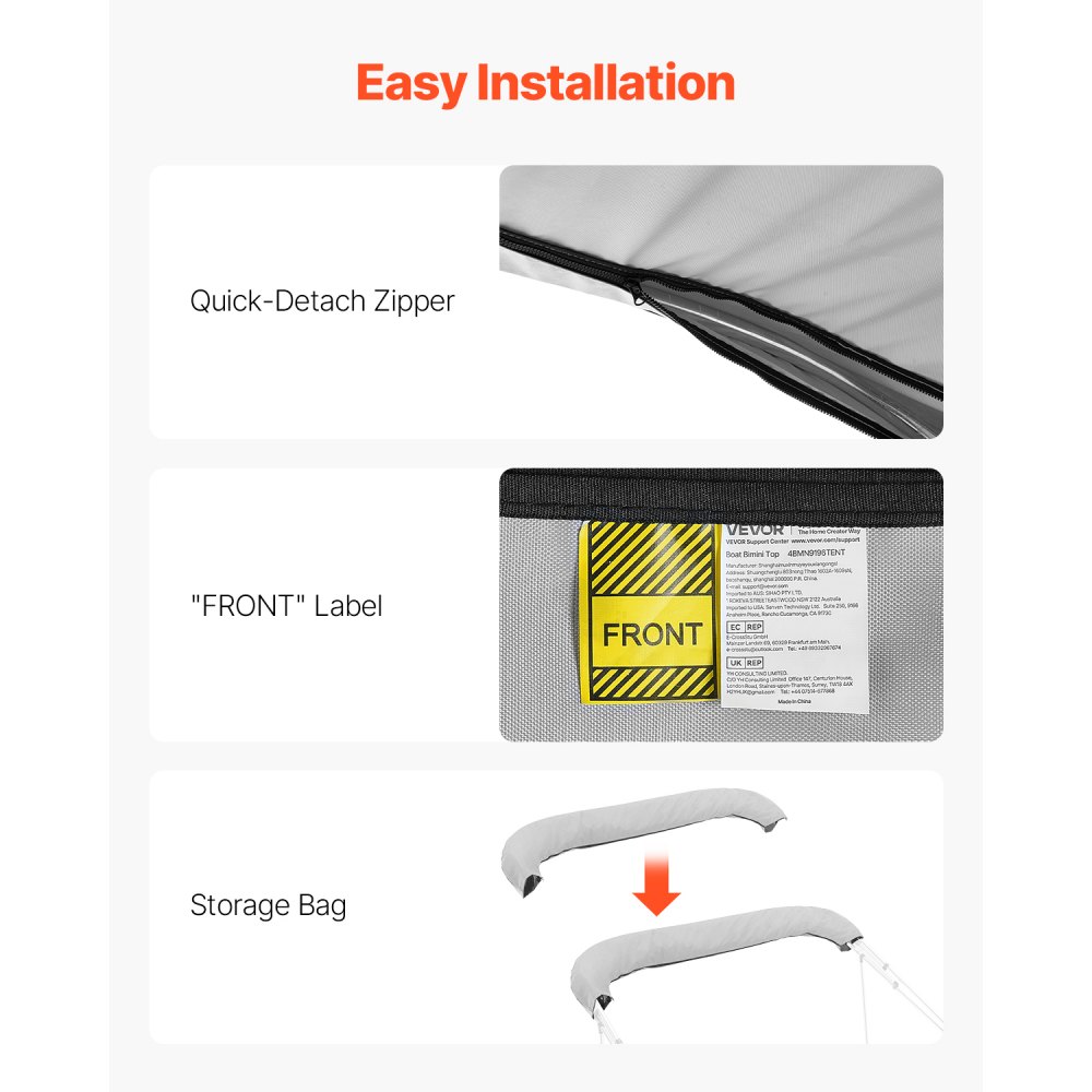 VEVOR 4 Bow Bimini Top Replacement Cover, 2440 mm Long, Durable 600D Marine Grade Waterproof Sun Shade Boat Canopy with Storage Boot, Easy Install Zipper Sleeve Awning, 2311-2440 mm W, Gray (No Frame)