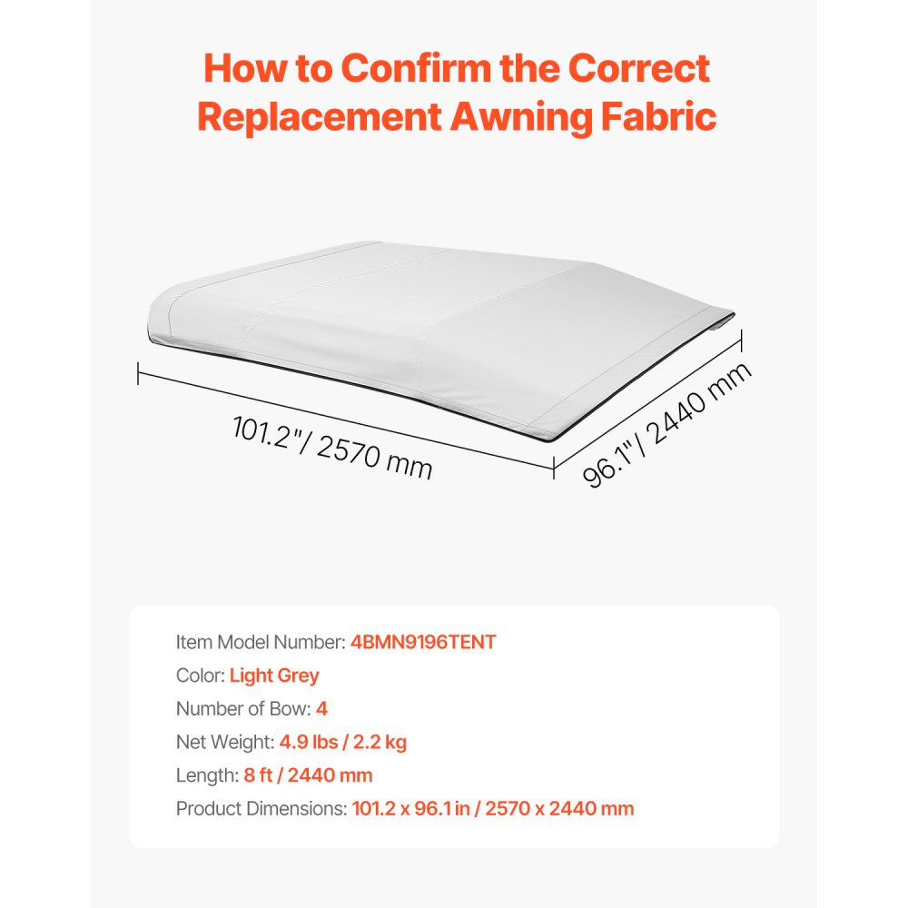 VEVOR 4 Bow Bimini Top Replacement Cover, 2440 mm Long, Durable 600D Marine Grade Waterproof Sun Shade Boat Canopy with Storage Boot, Easy Install Zipper Sleeve Awning, 2311-2440 mm W, Gray (No Frame)