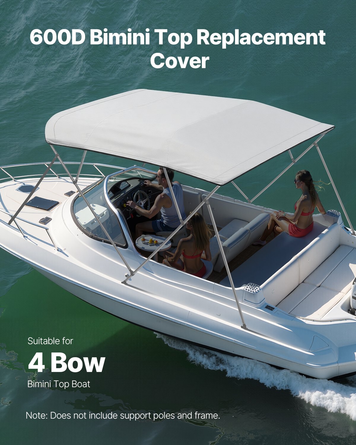 VEVOR 4 Bow Bimini Top Replacement Cover, 2440 mm Long, Durable 600D Marine Grade Waterproof Sun Shade Boat Canopy with Storage Boot, Easy Install Zipper Sleeve Awning, 2311-2440 mm W, Gray (No Frame)