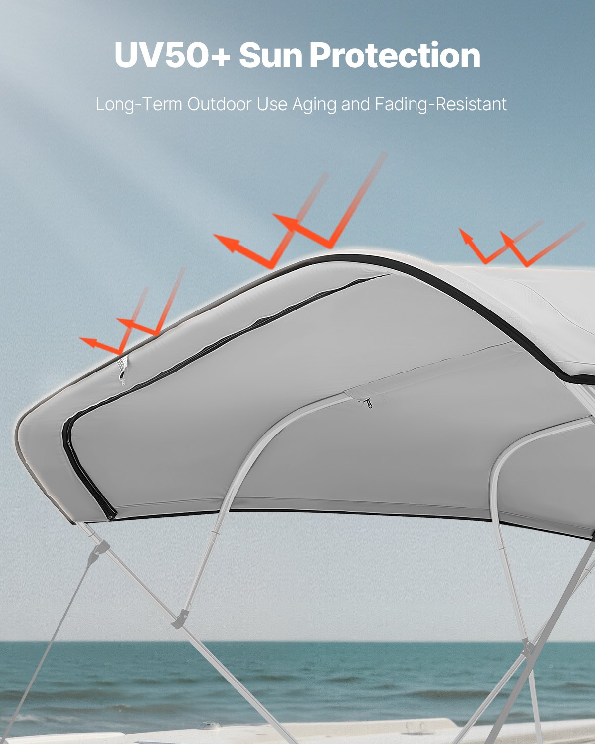 VEVOR 4 Bow Bimini Top Replacement Cover, 2440 mm Long, Durable 600D Marine Grade Waterproof Sun Shade Boat Canopy with Storage Boot, Easy Install Zipper Sleeve Awning, 2311-2440 mm W, Gray (No Frame)