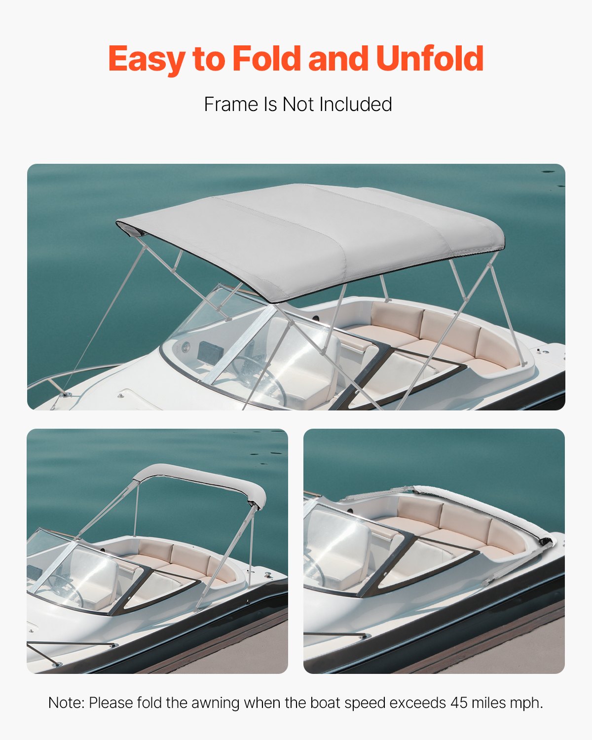 VEVOR 4 Bow Bimini Top Replacement Cover, 2440 mm Long, Durable 600D Marine Grade Waterproof Sun Shade Boat Canopy with Storage Boot, Easy Install Zipper Sleeve Awning, 2311-2440 mm W, Gray (No Frame)