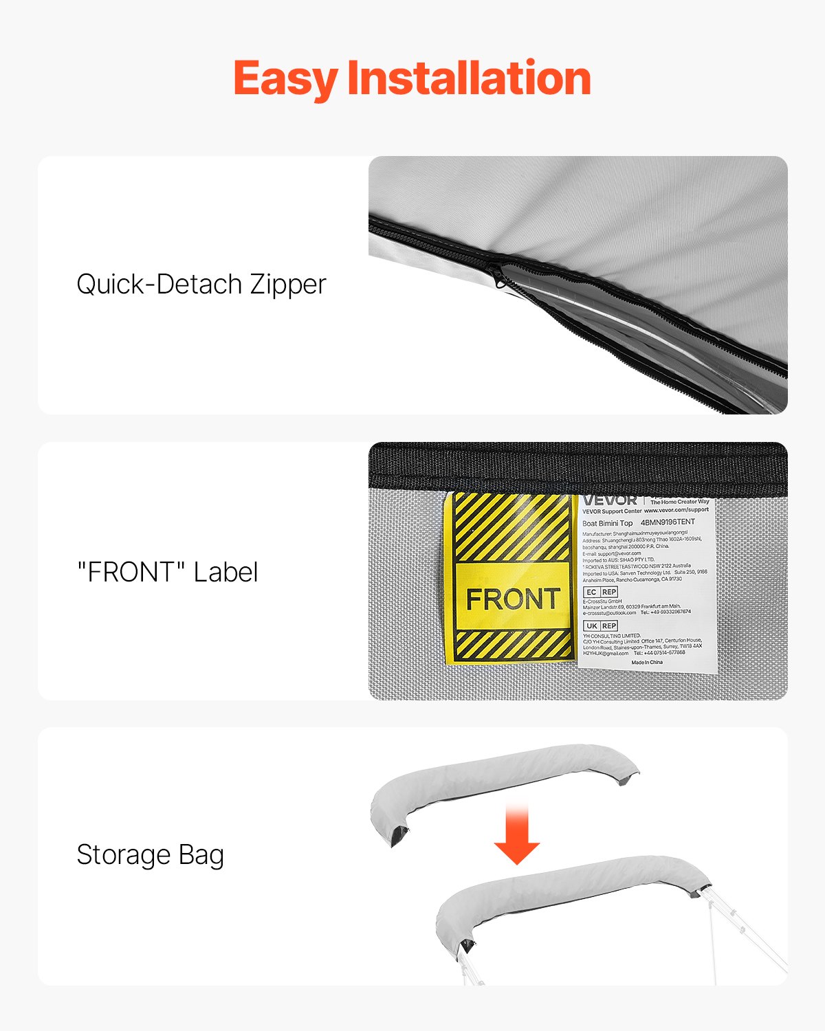 VEVOR 4 Bow Bimini Top Replacement Cover, 2440 mm Long, Durable 600D Marine Grade Waterproof Sun Shade Boat Canopy with Storage Boot, Easy Install Zipper Sleeve Awning, 2311-2440 mm W, Gray (No Frame)