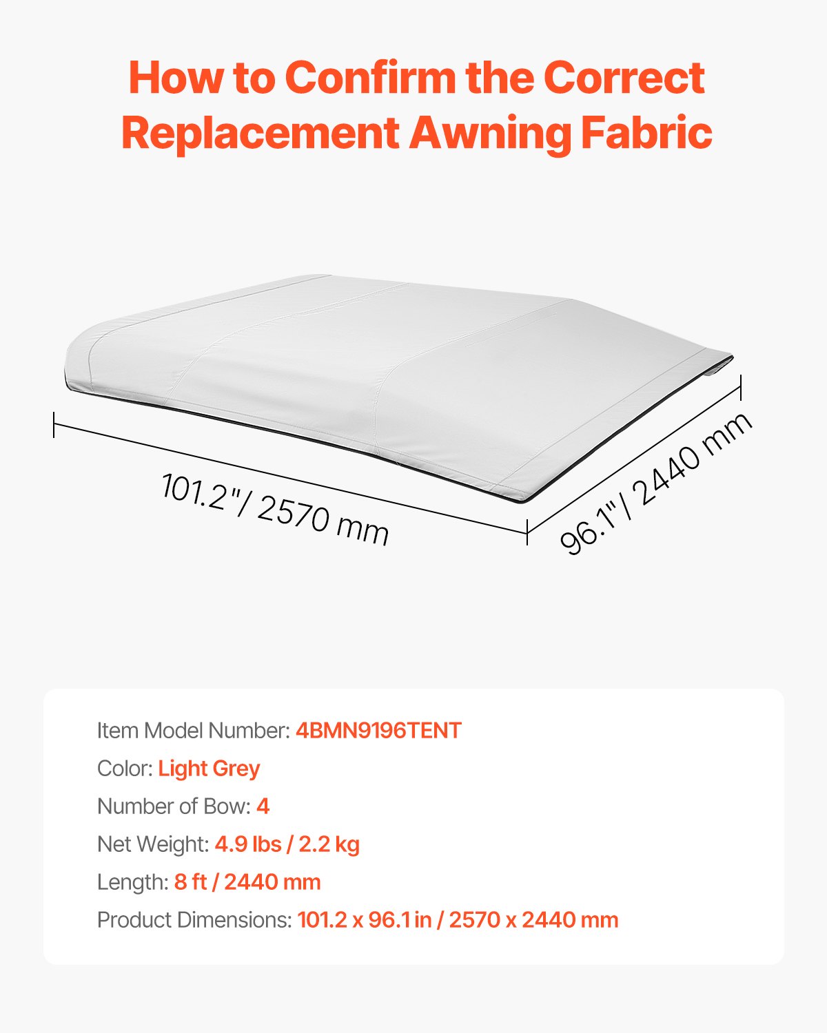 VEVOR 4 Bow Bimini Top Replacement Cover, 2440 mm Long, Durable 600D Marine Grade Waterproof Sun Shade Boat Canopy with Storage Boot, Easy Install Zipper Sleeve Awning, 2311-2440 mm W, Gray (No Frame)