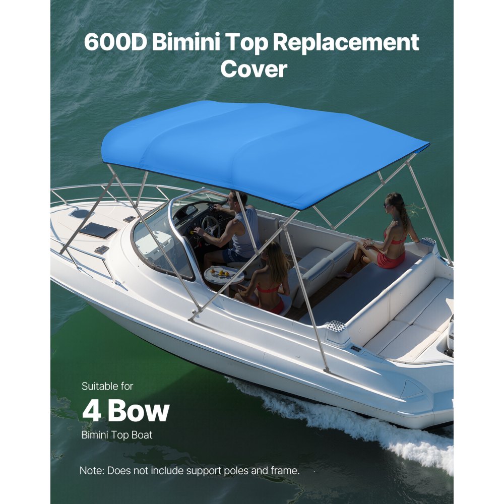 VEVOR 4 Bow Bimini Top Replacement Cover, 2440 mm Long, Durable 600D Marine Grade Waterproof Sun Shade Boat Canopy with Storage Boot, Easy Install Zipper Sleeve Awning, 2464-2616 mm W, Blue (No Frame)