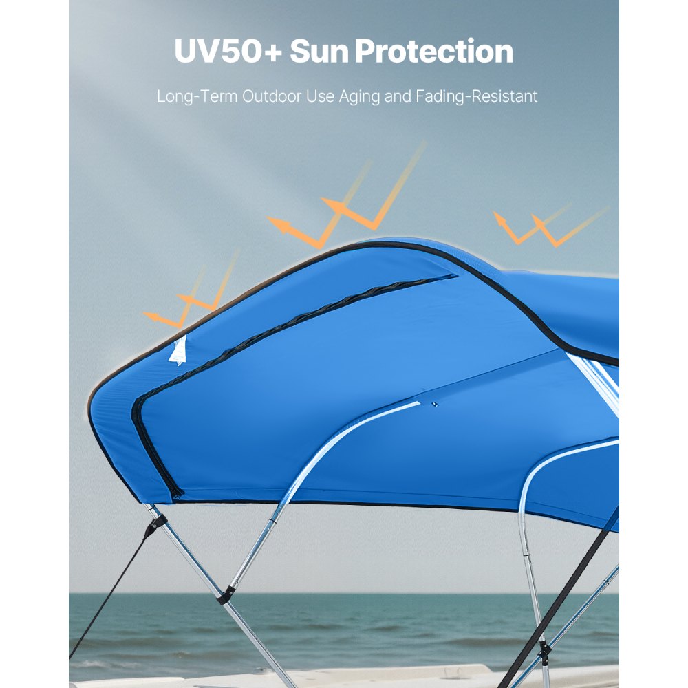 VEVOR 4 Bow Bimini Top Replacement Cover, 2440 mm Long, Durable 600D Marine Grade Waterproof Sun Shade Boat Canopy with Storage Boot, Easy Install Zipper Sleeve Awning, 2464-2616 mm W, Blue (No Frame)