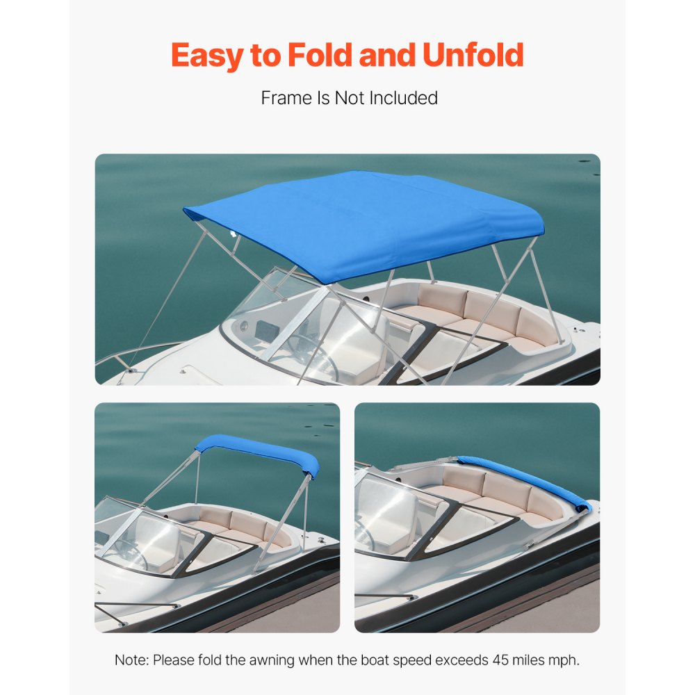VEVOR 4 Bow Bimini Top Replacement Cover, 2440 mm Long, Durable 600D Marine Grade Waterproof Sun Shade Boat Canopy with Storage Boot, Easy Install Zipper Sleeve Awning, 2464-2616 mm W, Blue (No Frame)