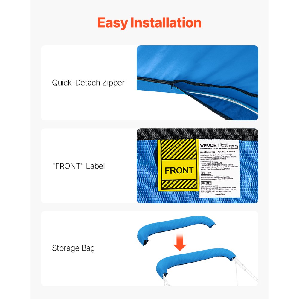 VEVOR 4 Bow Bimini Top Replacement Cover, 2440 mm Long, Durable 600D Marine Grade Waterproof Sun Shade Boat Canopy with Storage Boot, Easy Install Zipper Sleeve Awning, 2464-2616 mm W, Blue (No Frame)