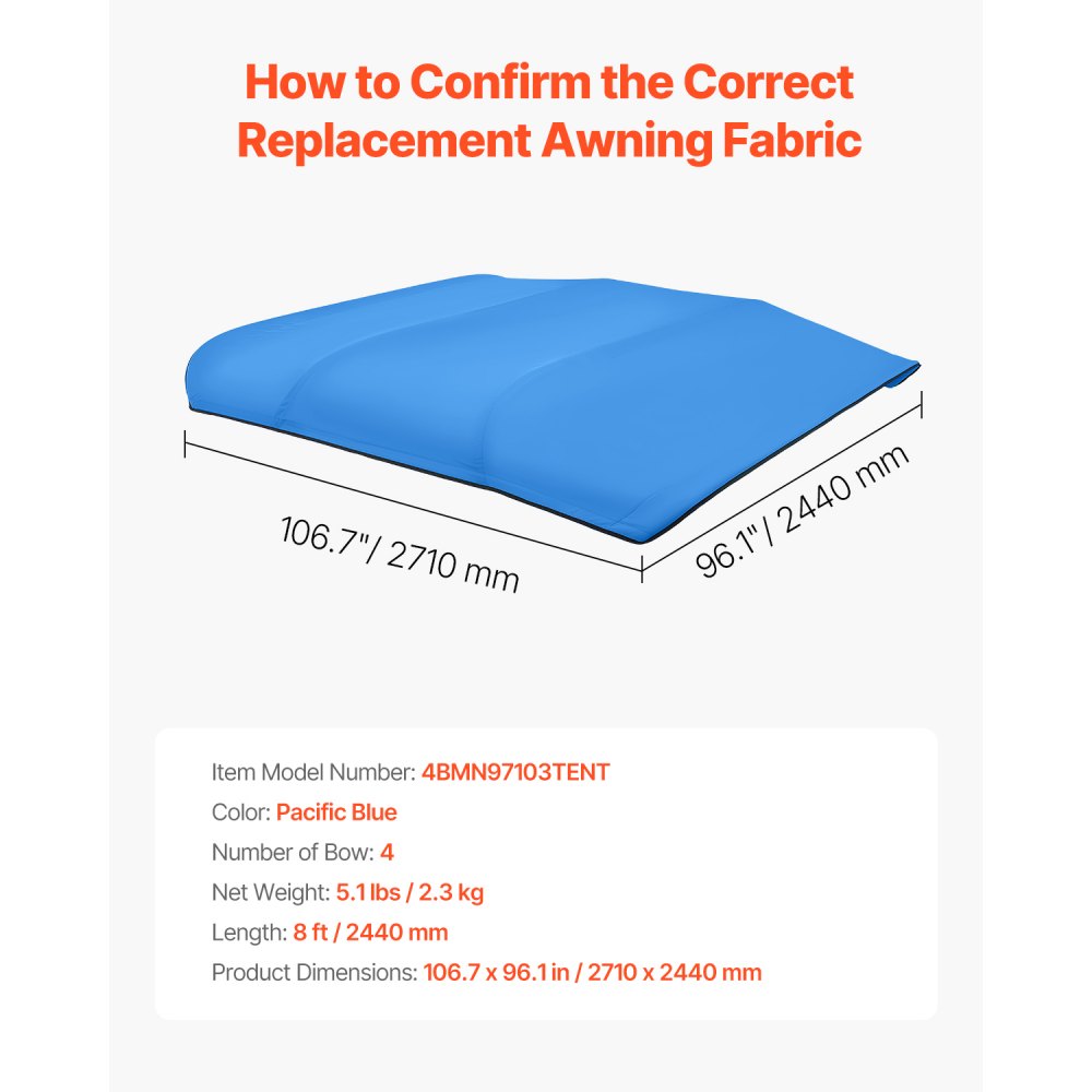 VEVOR 4 Bow Bimini Top Replacement Cover, 2440 mm Long, Durable 600D Marine Grade Waterproof Sun Shade Boat Canopy with Storage Boot, Easy Install Zipper Sleeve Awning, 2464-2616 mm W, Blue (No Frame)