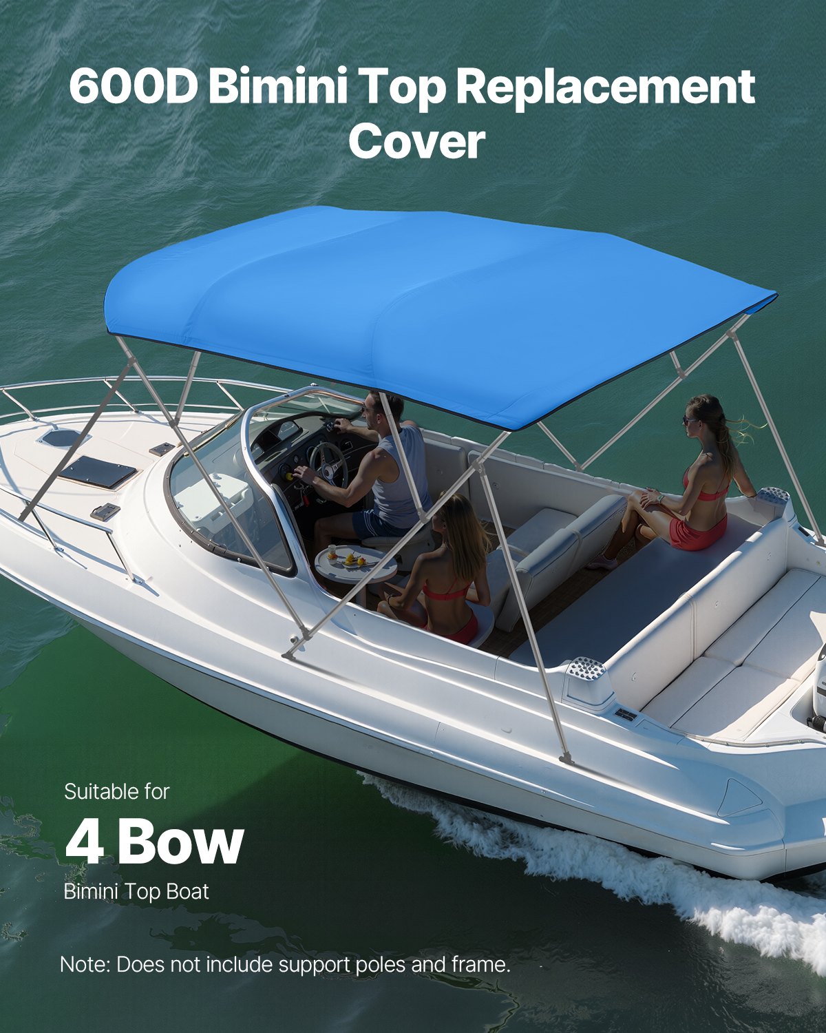 VEVOR 4 Bow Bimini Top Replacement Cover, 2440 mm Long, Durable 600D Marine Grade Waterproof Sun Shade Boat Canopy with Storage Boot, Easy Install Zipper Sleeve Awning, 2464-2616 mm W, Blue (No Frame)