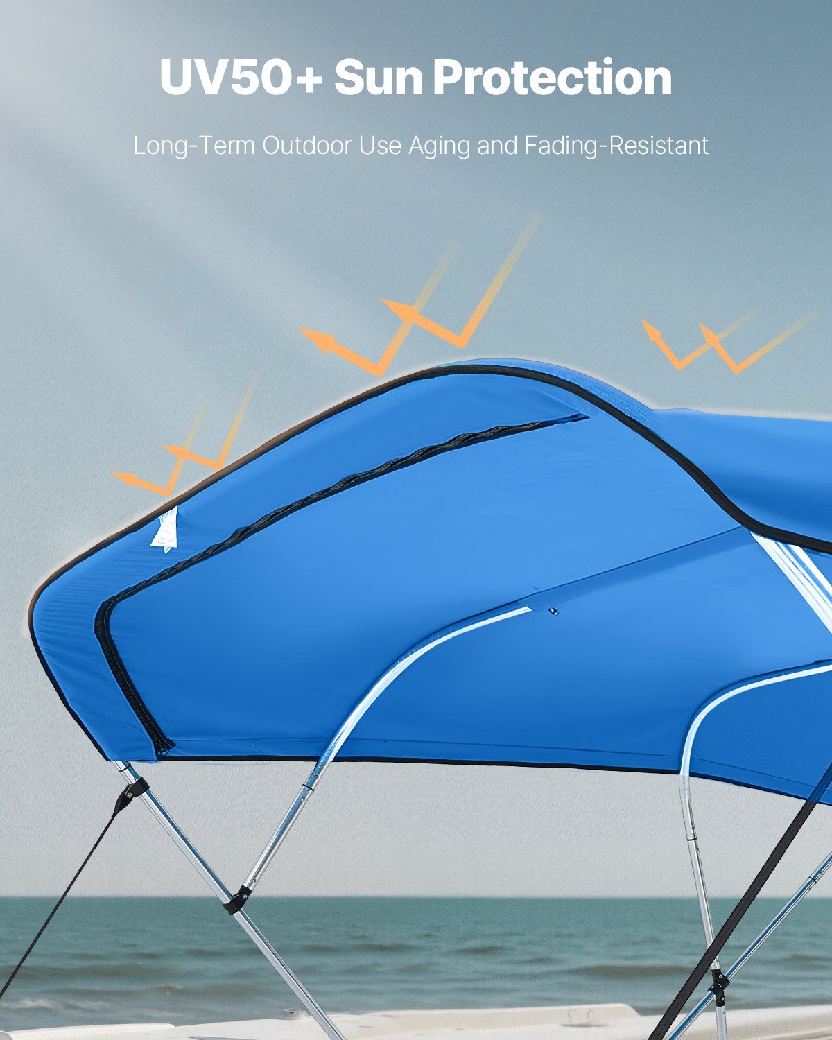 VEVOR 4 Bow Bimini Top Replacement Cover, 2440 mm Long, Durable 600D Marine Grade Waterproof Sun Shade Boat Canopy with Storage Boot, Easy Install Zipper Sleeve Awning, 2464-2616 mm W, Blue (No Frame)