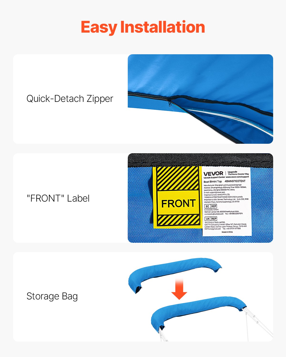 VEVOR 4 Bow Bimini Top Replacement Cover, 2440 mm Long, Durable 600D Marine Grade Waterproof Sun Shade Boat Canopy with Storage Boot, Easy Install Zipper Sleeve Awning, 2464-2616 mm W, Blue (No Frame)