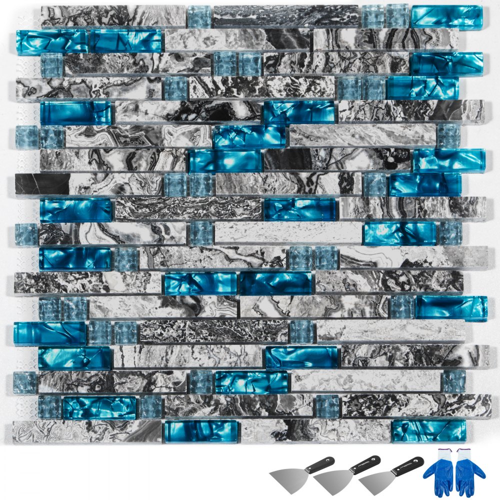 Backsplash Tile for Kitchen & Bathroom Teal Blue Glass & Gray Marble 12 Sheet