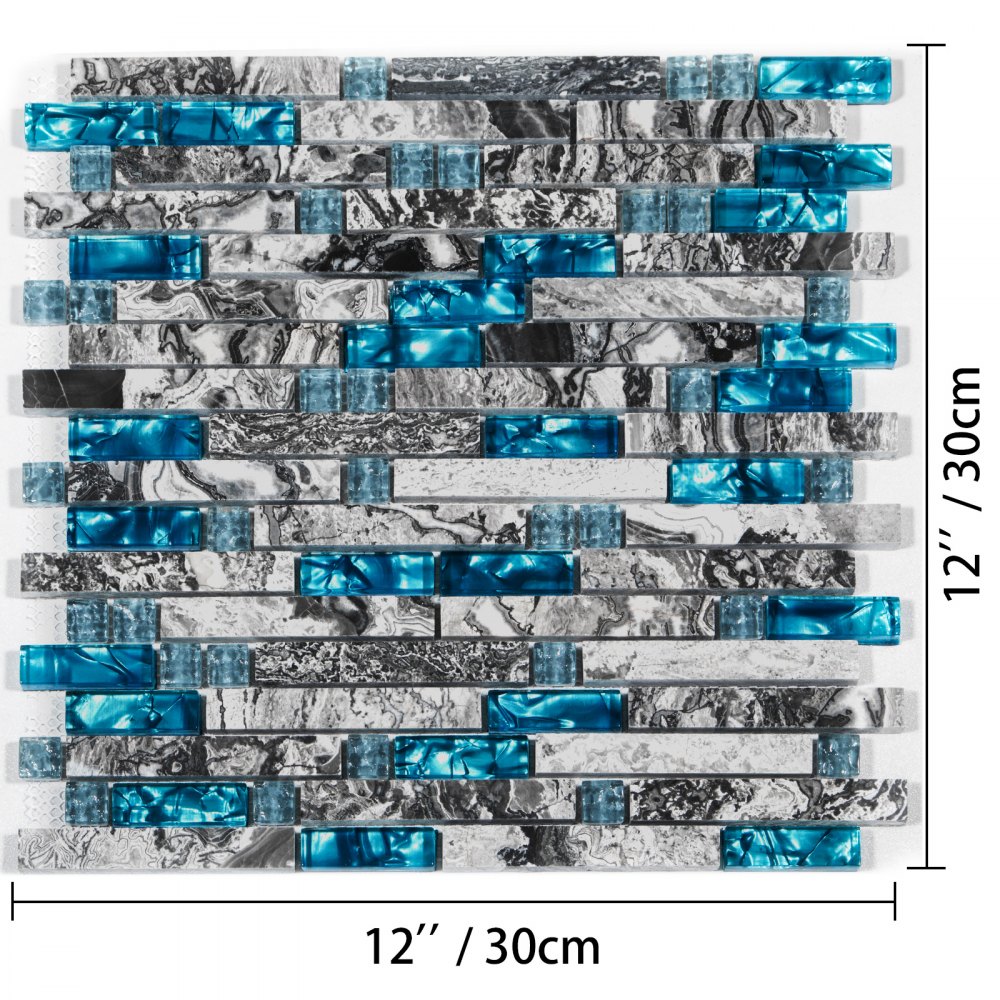 Backsplash Tile for Kitchen & Bathroom Teal Blue Glass & Gray Marble 12 Sheet