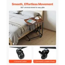 VEVOR C Table, C Shaped Sofa Side Table with Metal Frame Rolling Casters, Portable C Shaped End Stand for Living Room Bedroom Office, 19.69 x 13.78 x 23.82 inches Laptop Side Tables, Brown and Black