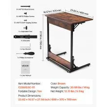 VEVOR C Table with Metal Frame & Adjustable Feet Folding C Shaped End Table