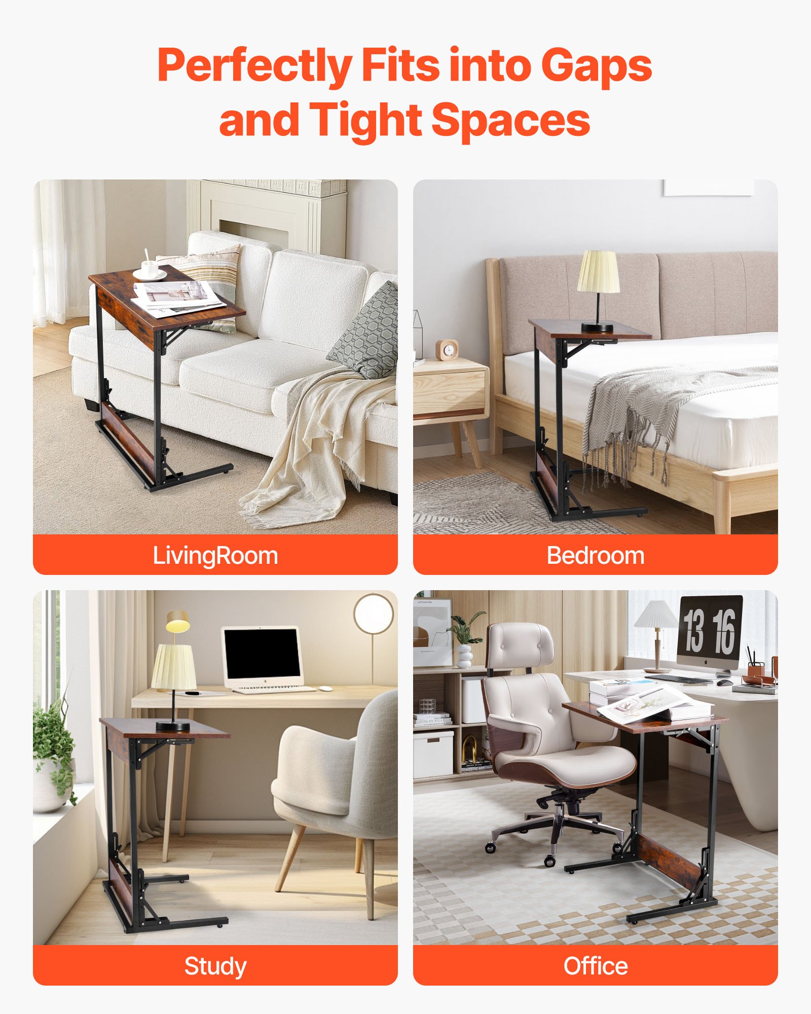 VEVOR C Table, Folding C Shaped End Table with Metal Frame & Adjustable Feet, Foldable C Shaped Side Table for Living Room Bedroom Office, 23.62 x 14.57 x 27.56 inch C Shaped TV Tray, Brown and Black