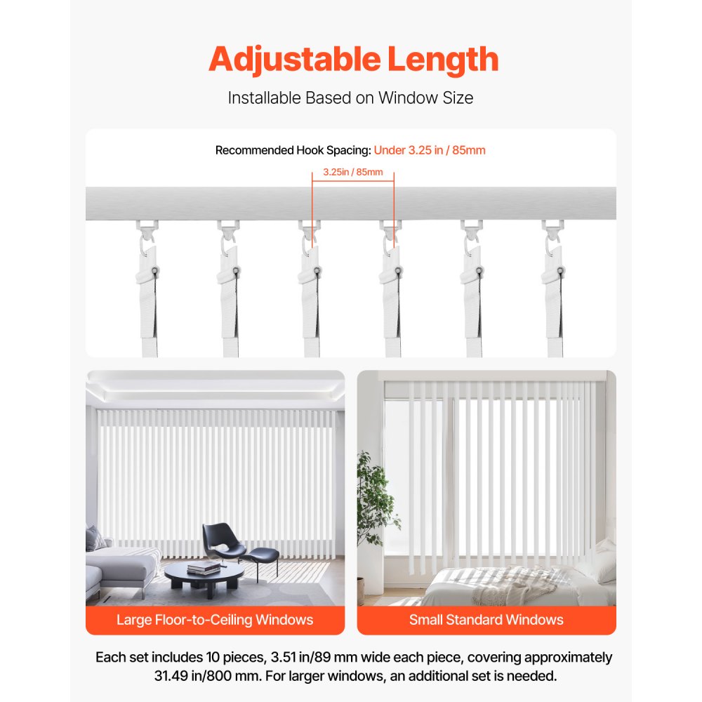 VEVOR Vertical Blind Replacement Slats, 10 Pcs Blind Slats with Connector, Counterweight Block, and Rope, Smooth Surface Polyester, Adjustable for Bedroom, Office, Living Room, Conference Room, White