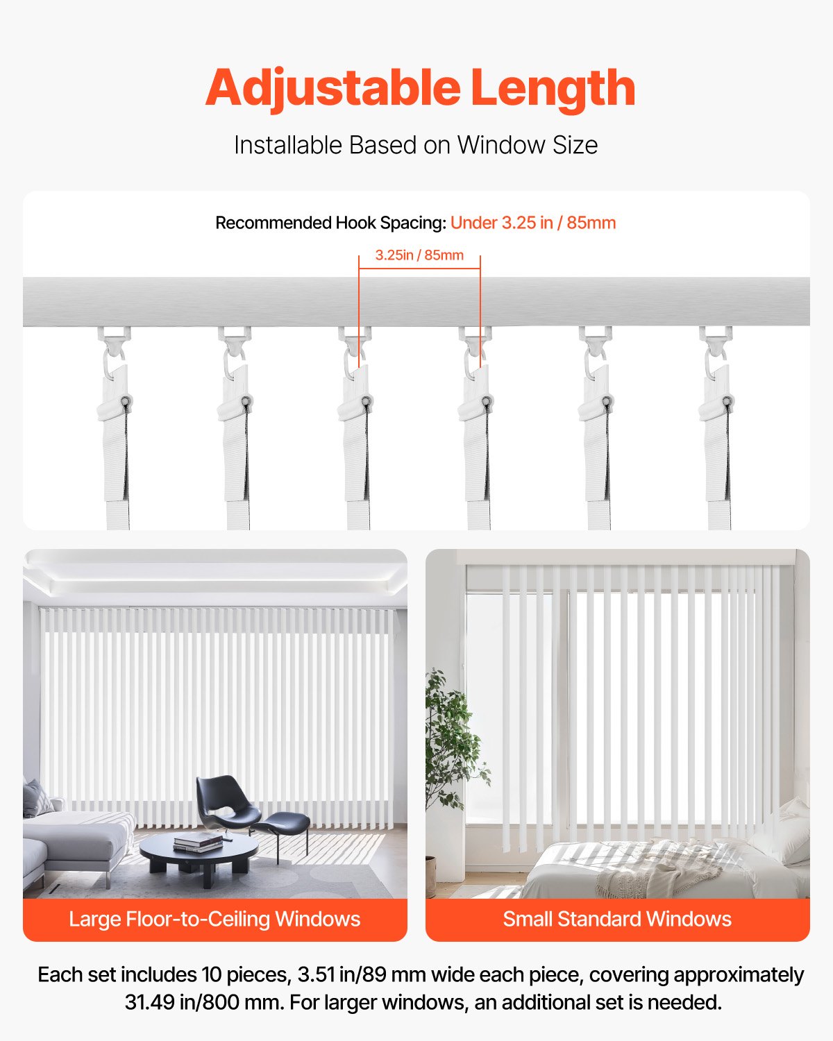 VEVOR Vertical Blind Replacement Slats, 10 Pcs Blind Slats with Connector, Counterweight Block, and Rope, Smooth Surface Polyester, Adjustable for Bedroom, Office, Living Room, Conference Room, White