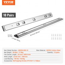 VEVOR 10 Pairs of 24 Inch Drawer Slides Side Mount Rails, Heavy Duty Full Extension Steel Track, Soft-Close Noiseless Guide Glides Cabinet Kitchen Runners with Ball Bearing, 100 Lbs Load Capacity